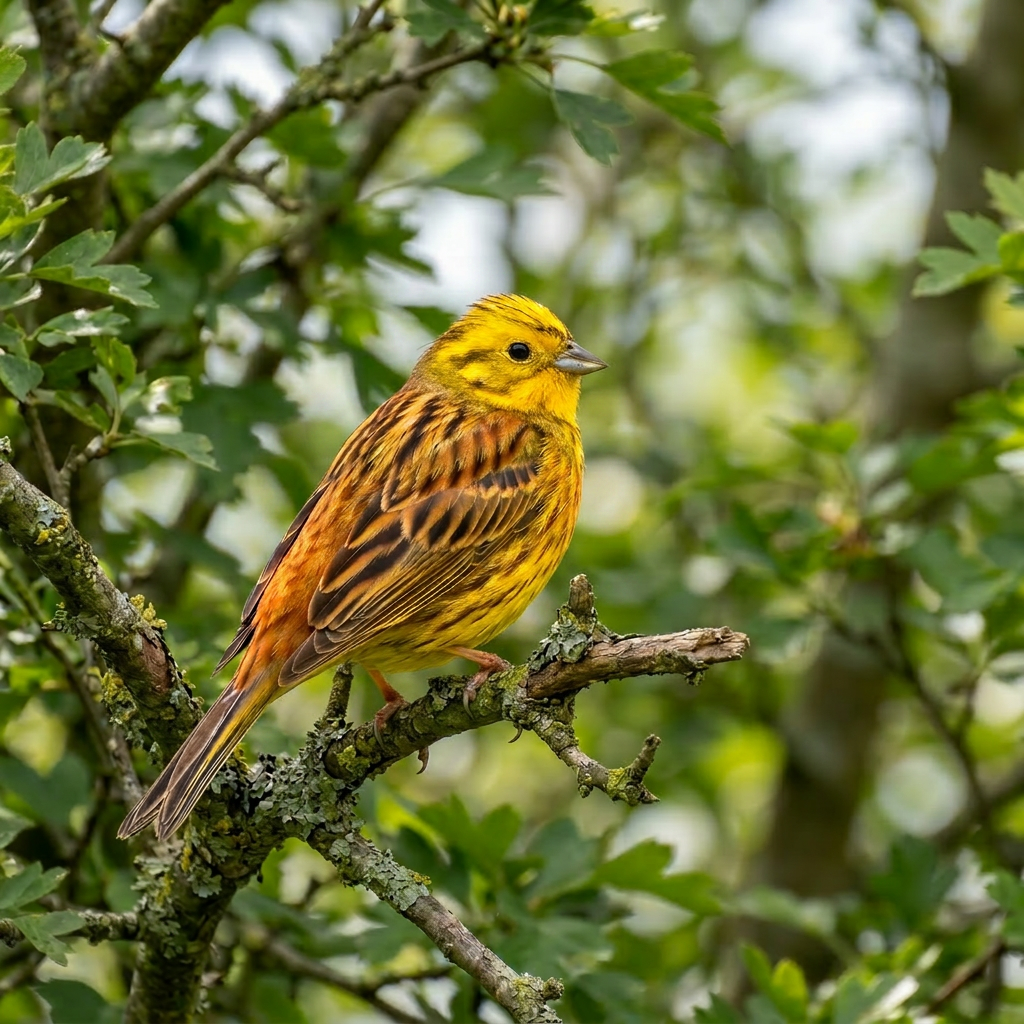 Yellowhammer bird with yellow head and brown back perched on a tree branch with green leaves